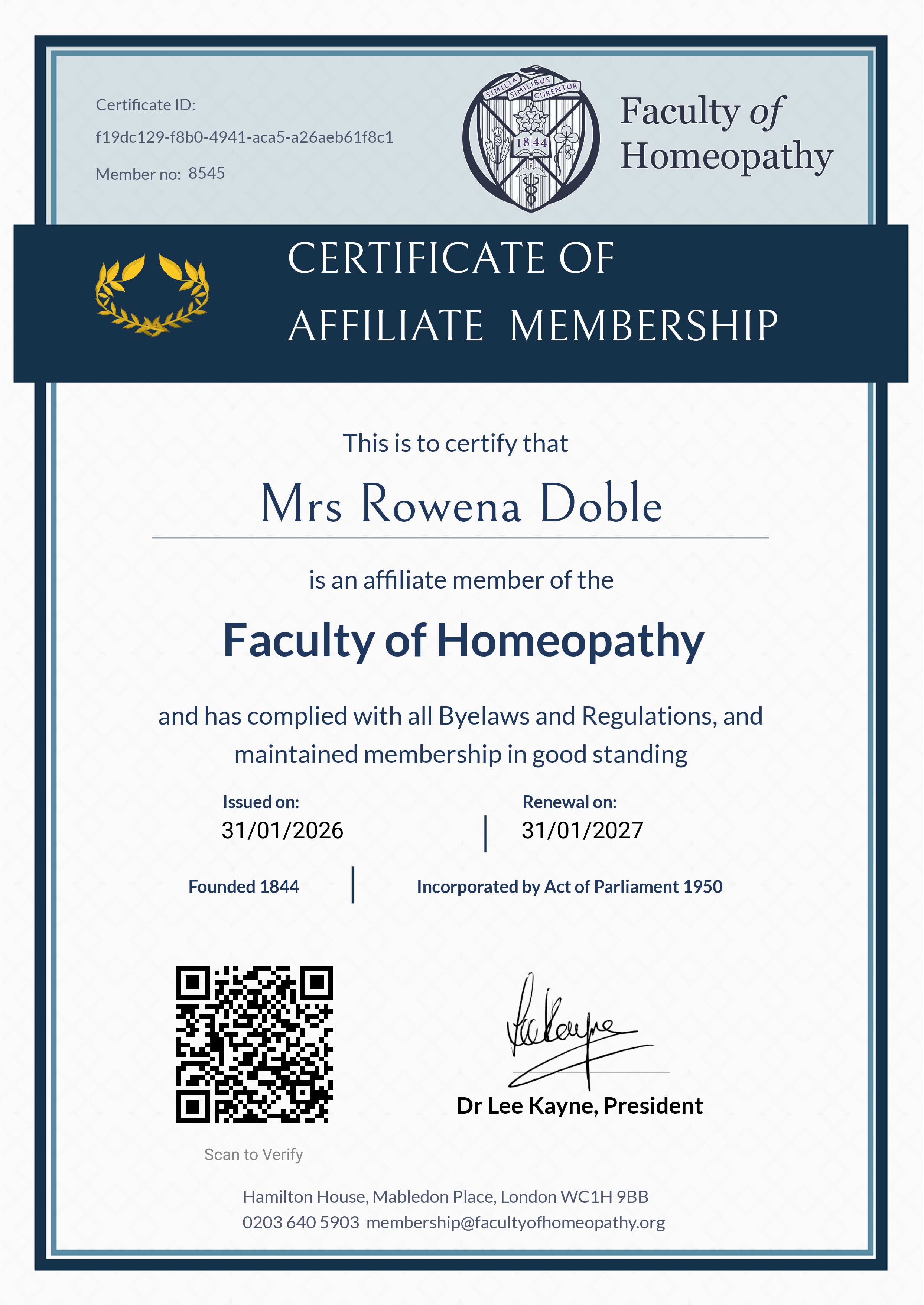 Faculty of Homeopathy certificate of affiliate membership for Mrs Rowena Doble, member no. 8545, valid to 31 January 2027